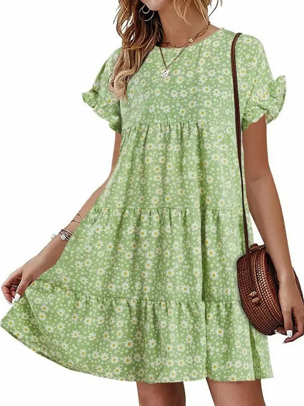Women's Ruffles Floral Printed Babydoll Casual Dress