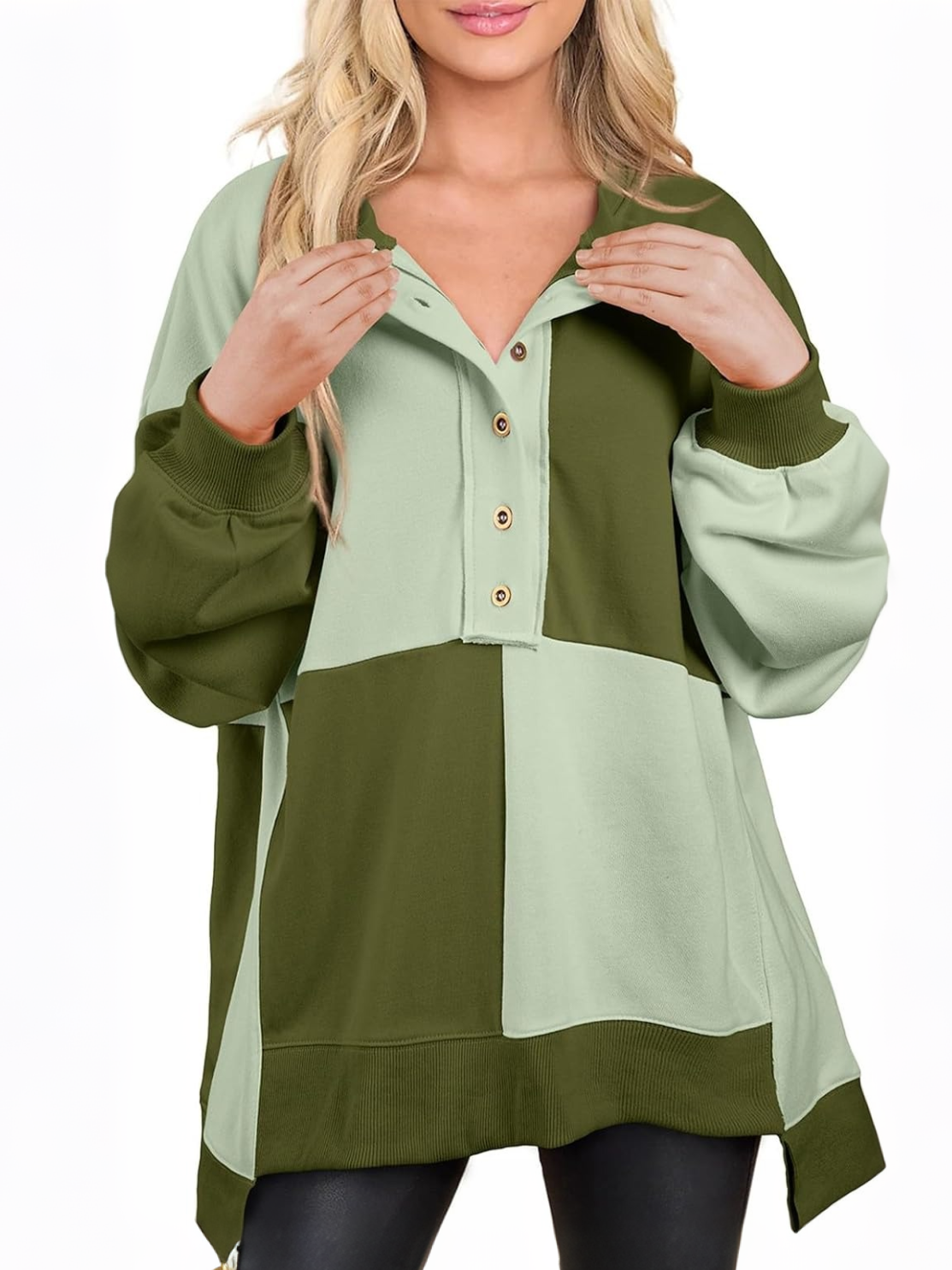 Women's Oversized Button‑Down Patchwork Pullover