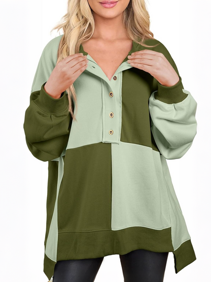 Women's Oversized Button‑Down Patchwork Pullover