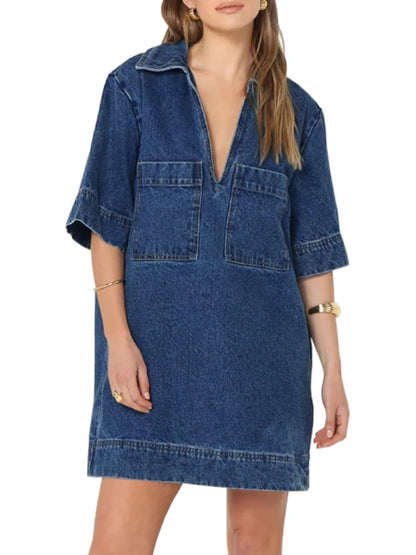 Women's Casual Denim Dress with Front Pockets