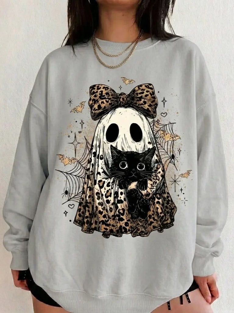 Vintage Halloween Leopard Bow Ghost Black‑Cat Sweatshirt