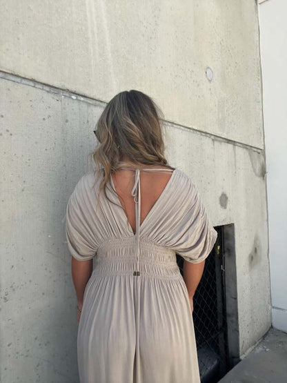 V-neck Dress With Slit And Gathered Waist