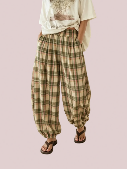 Women's Boho Plaid Elastic Waist Baggy Jogging Pants