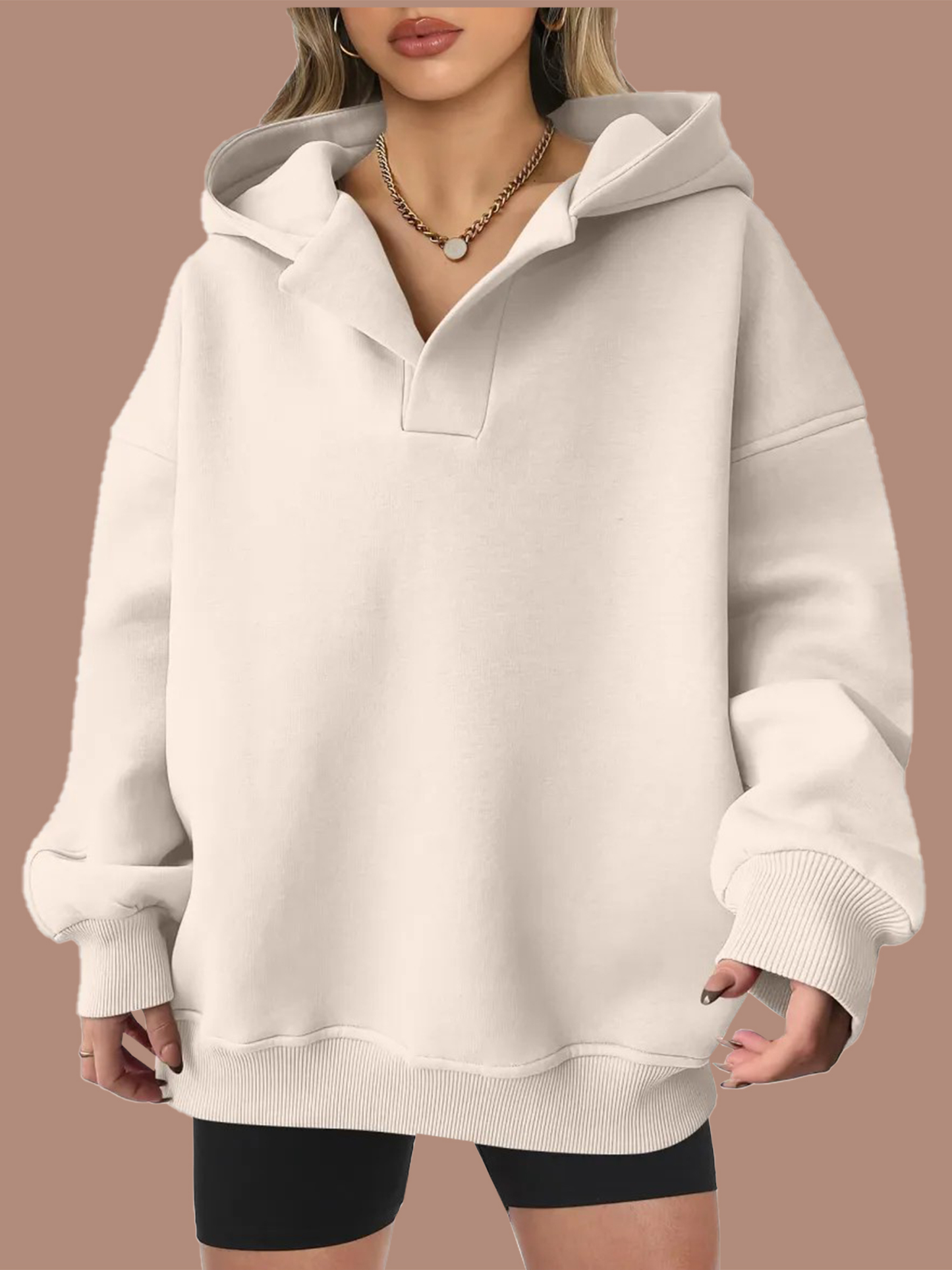 Women's Oversized V-Neck Hooded Pullover