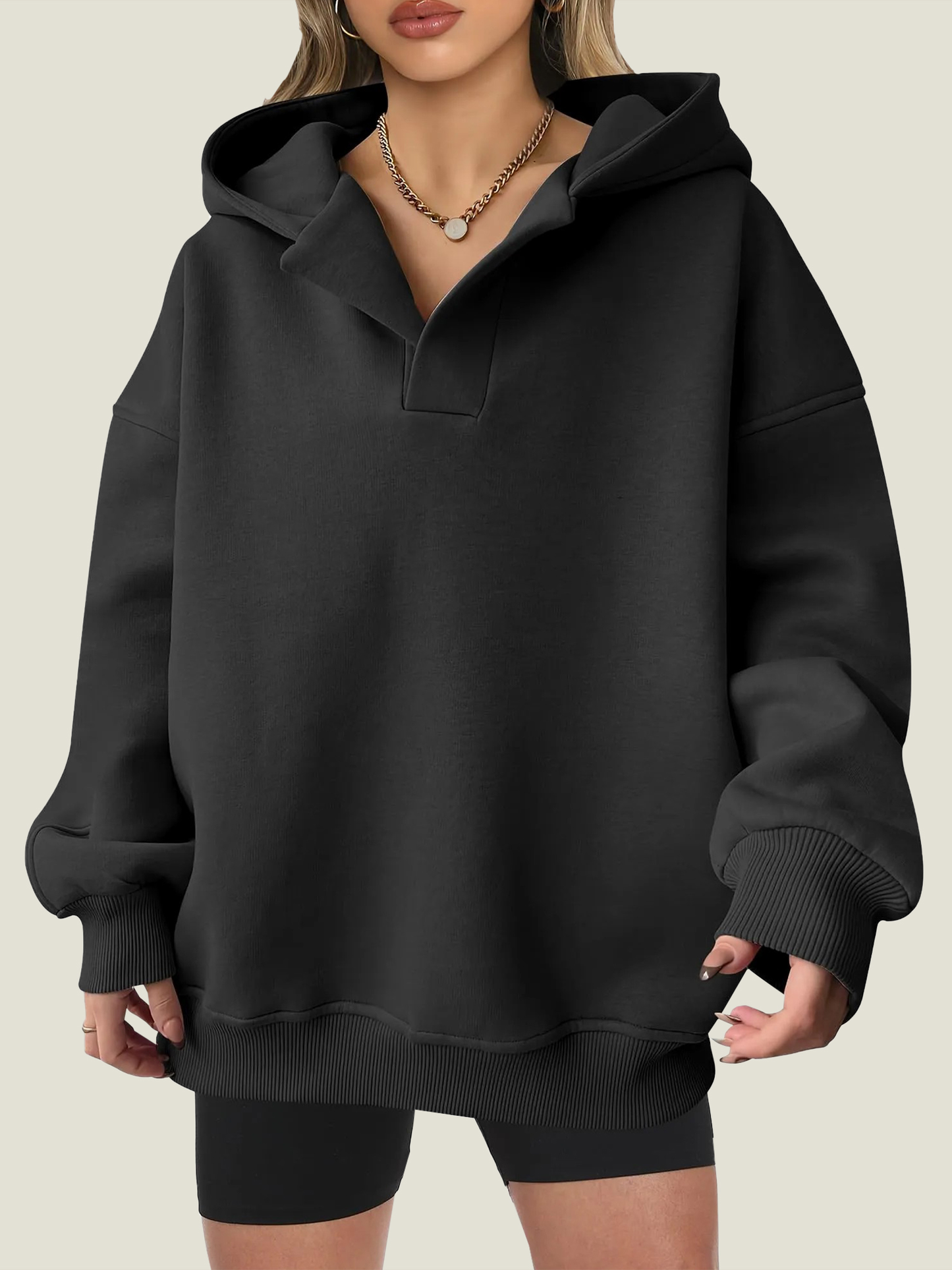 Women's Oversized V-Neck Hooded Pullover