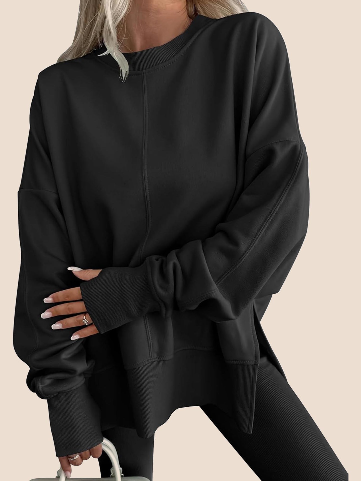 Women's Oversized Thumbhole Long Sleeve Side Slit Sweatshirt