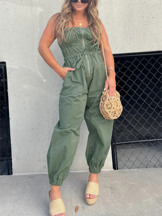 Ruched Elastic Front Zipper Cargo Jumpsuit