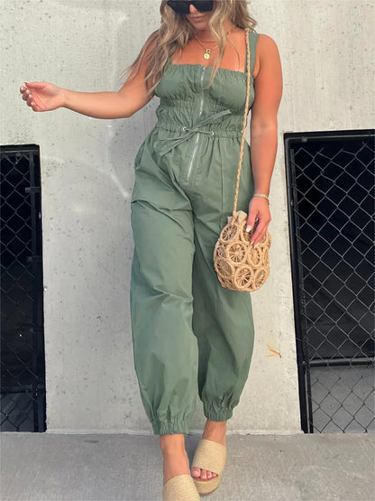 Ruched Elastic Front Zipper Cargo Jumpsuit