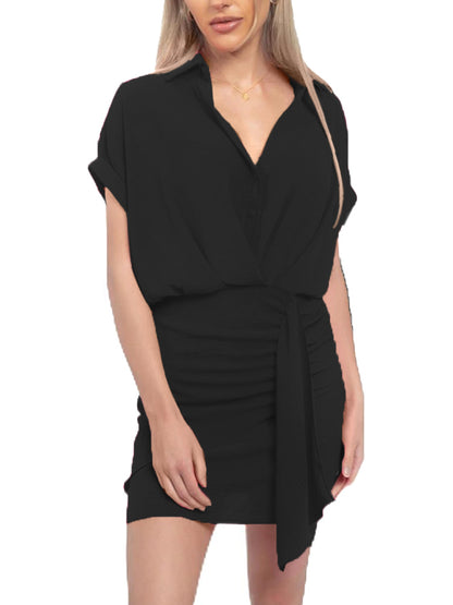 Women's V Neck Shirt Wrap Dress with Ruched Detail