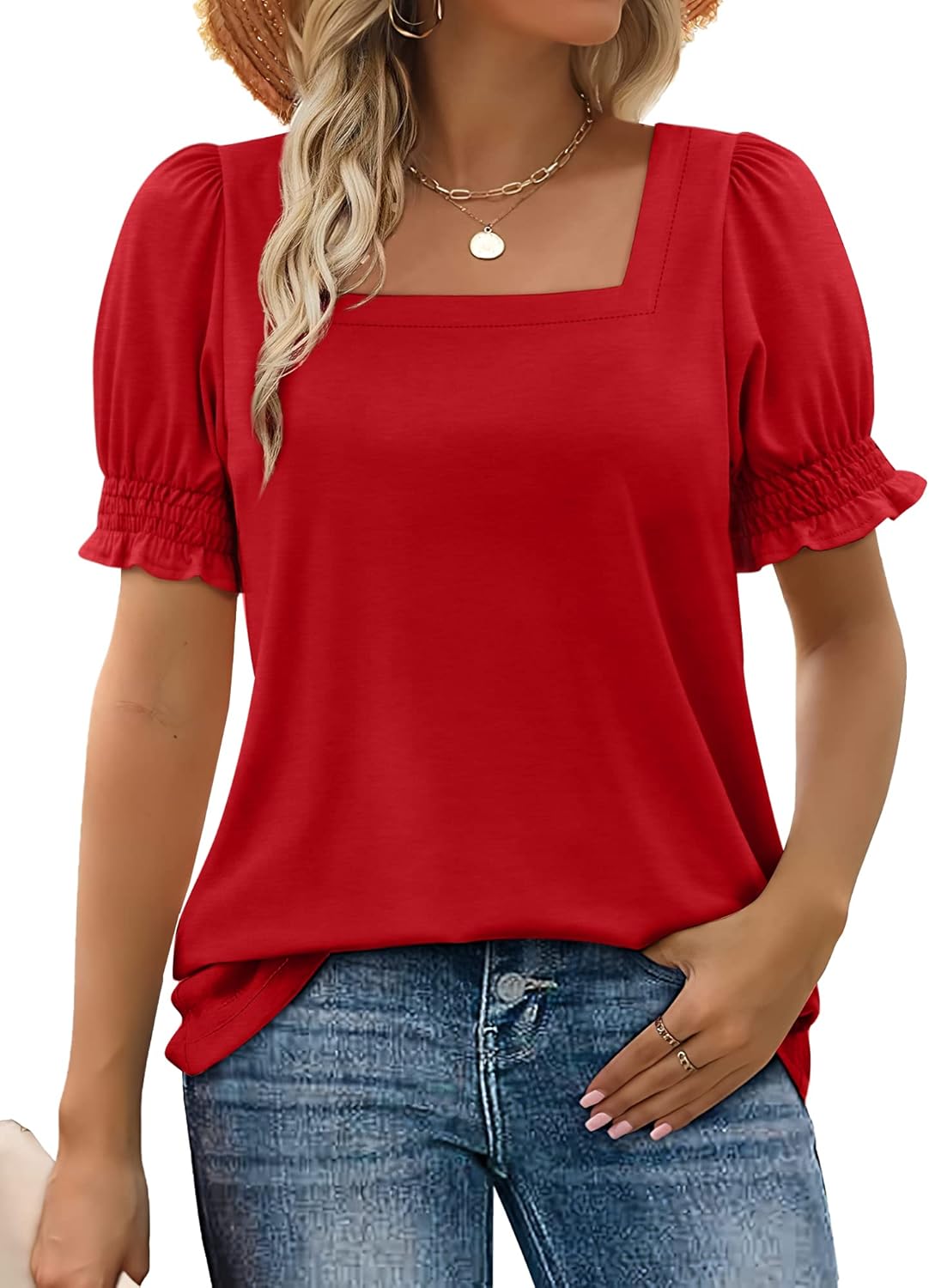 Women's Square Neck Smocked Sleeve Casual Tops