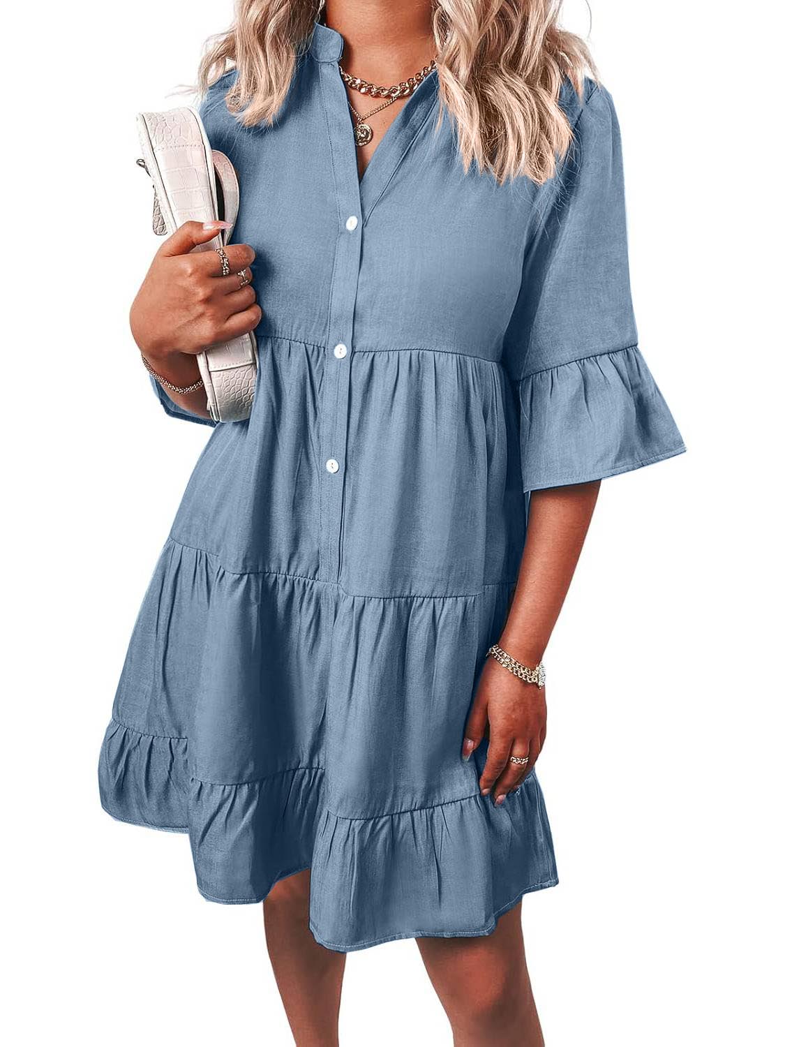 Women's Casual V Neck Ruffle Short Sleeve Summer Dress