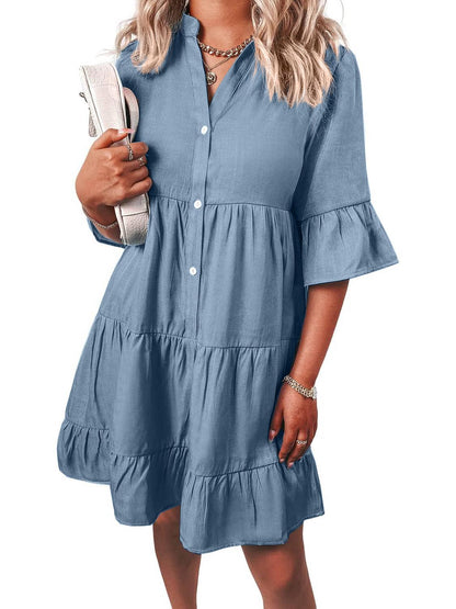 Women's Casual V Neck Ruffle Short Sleeve Summer Dress