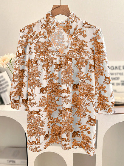 Women's V-neck Ruffle Collar Printed Shirts