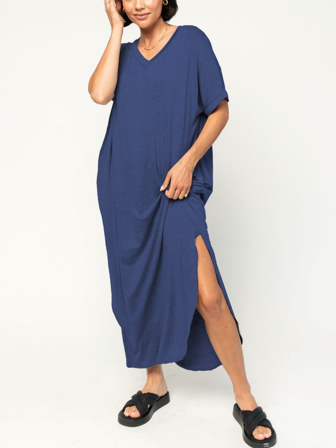 Women's Loose V-neck Split T-shirt Dress