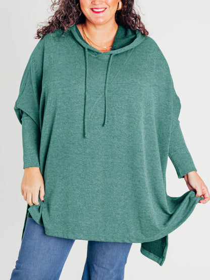 Women's Oversized Bat Sleeve Ribbed Hooded Pullover