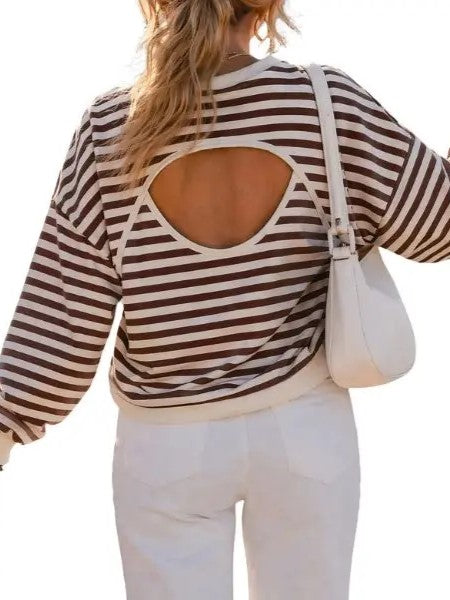 Women's Fall Striped Back Cutout Oversized Sweatshirt