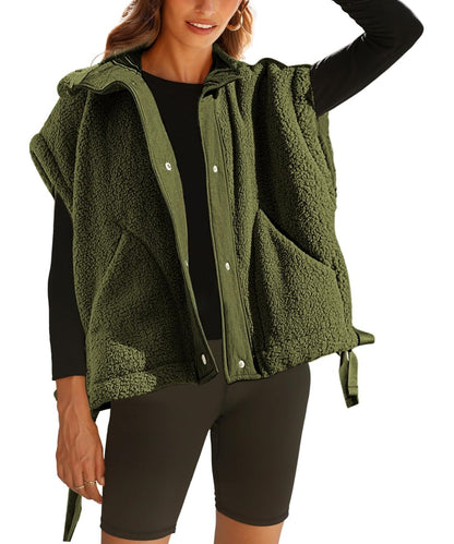 Women's Button Paneled Teddy Fleece Vest Jacket