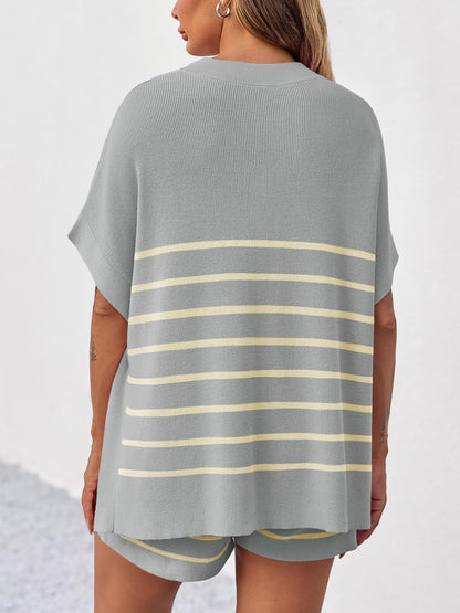Women's Striped Batwing Short Sleeve Tops High Waisted Shorts Knit Lounge Sets
