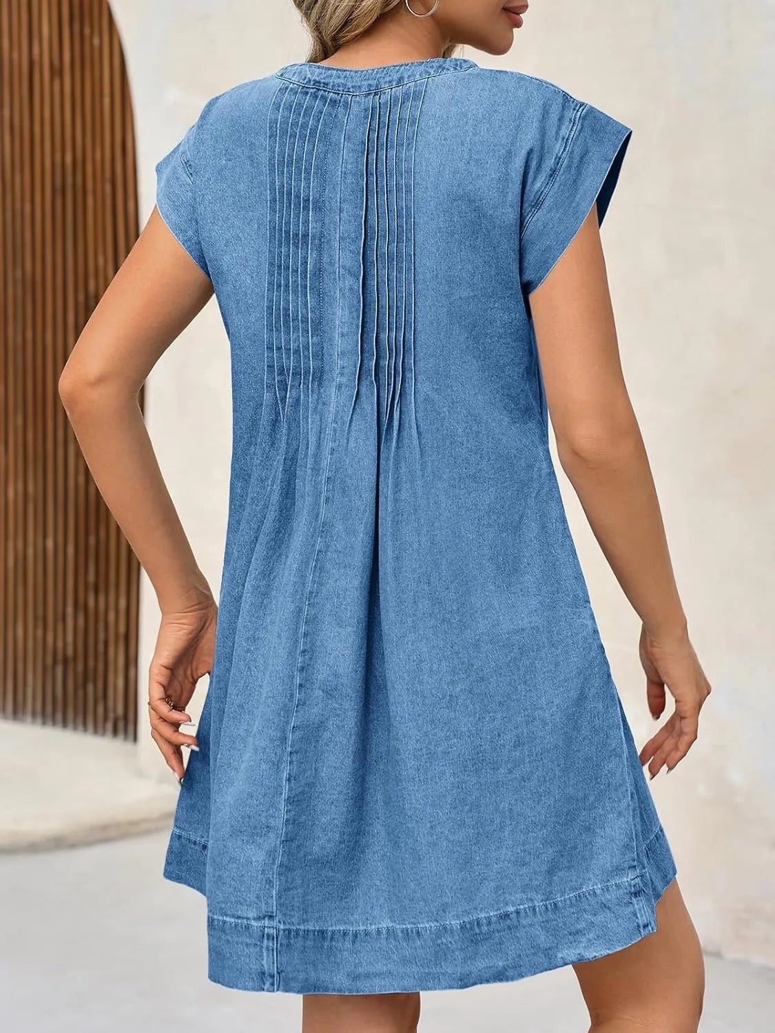Women's V-neck Pleated Denim Dress with Pockets