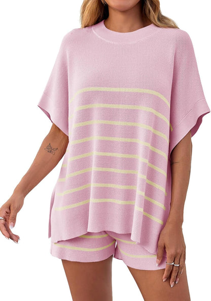 Women's Striped Batwing Short Sleeve Tops High Waisted Shorts Knit Lounge Sets