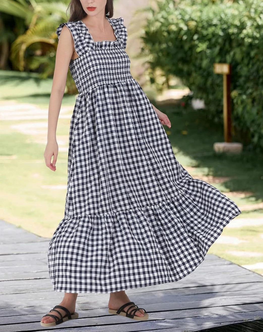 Women's Retro Plaid Smocked Flounce Long Dress