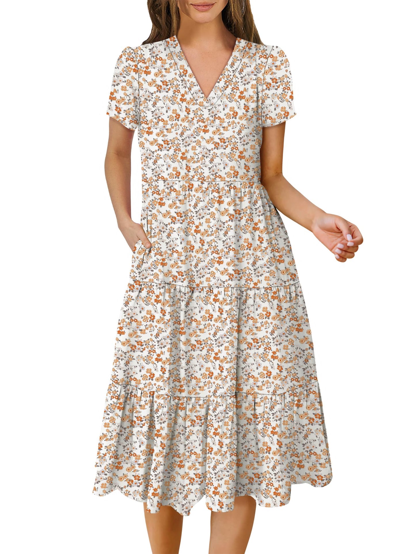 Women's Summer Casual Short Sleeve V Neck Tiered Midi Dress