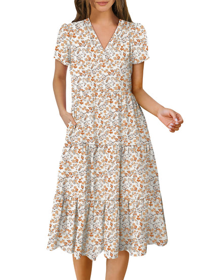 Women's Summer Casual Short Sleeve V Neck Tiered Midi Dress