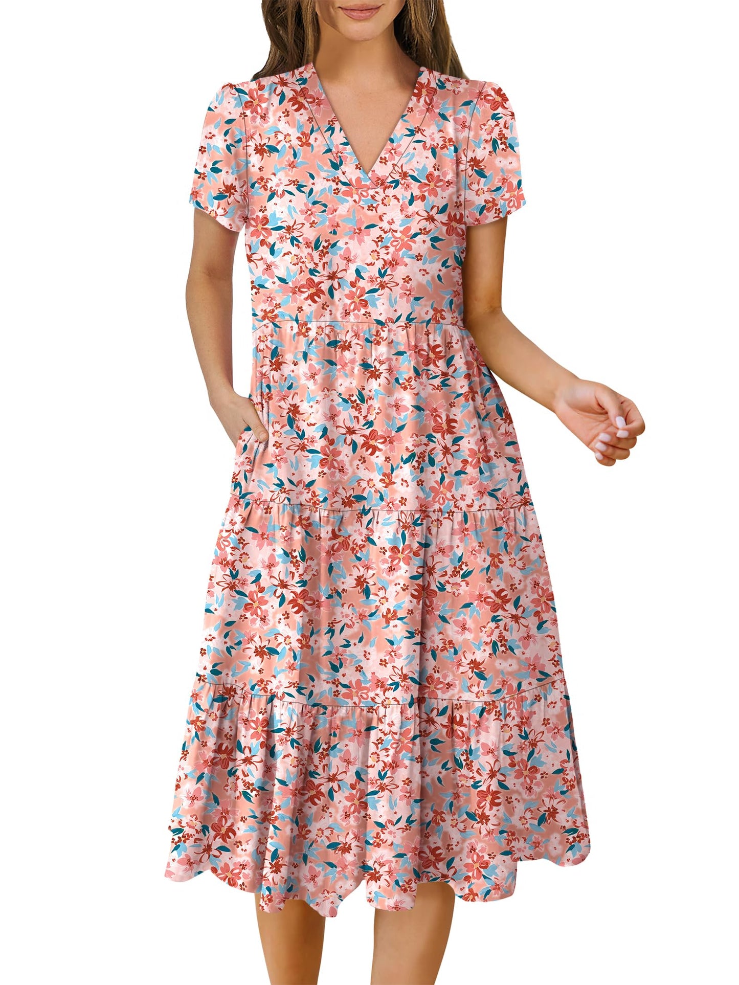 Women's Summer Casual Short Sleeve V Neck Tiered Midi Dress