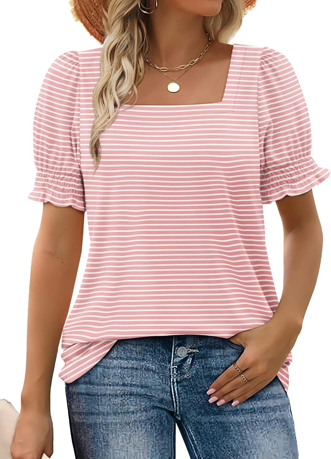 Women's Square Neck Smocked Sleeve Casual Tops