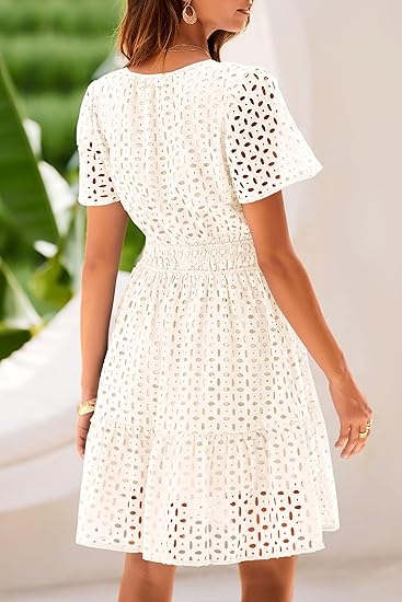 Women's V Neck Short Sleeve A Line Hollow Out Lace Dress