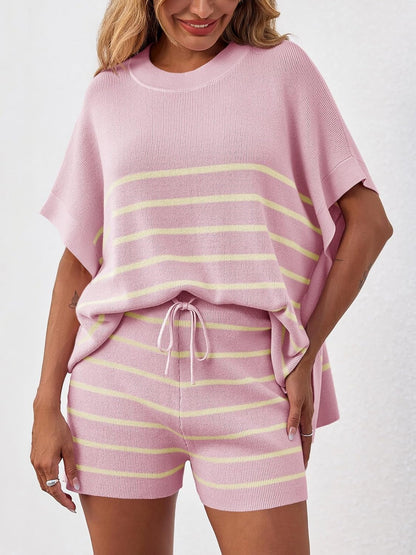 Women's Striped Batwing Short Sleeve Tops High Waisted Shorts Knit Lounge Sets