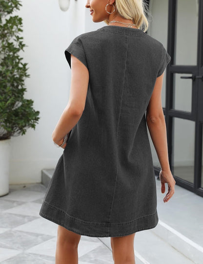 Women's V-neck Pleated Denim Dress with Pockets