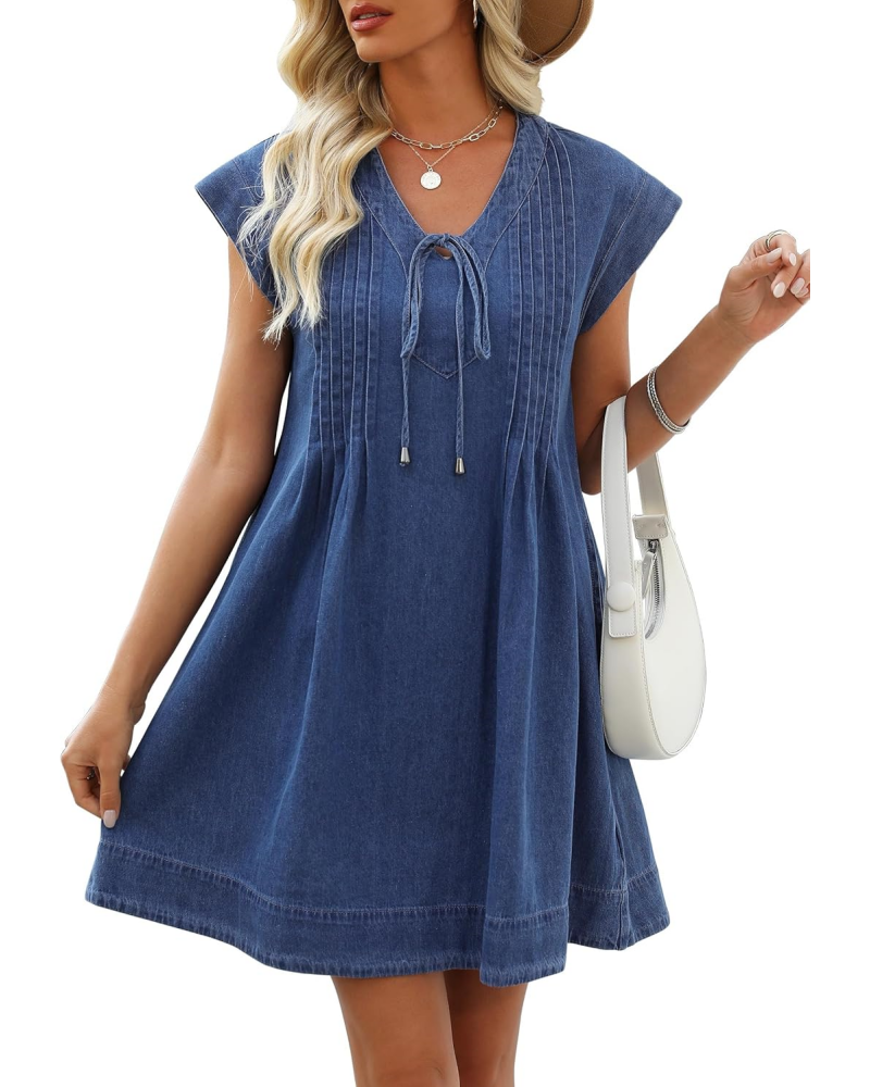 Women's V-neck Pleated Denim Dress with Pockets