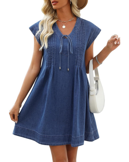 Women's V-neck Pleated Denim Dress with Pockets
