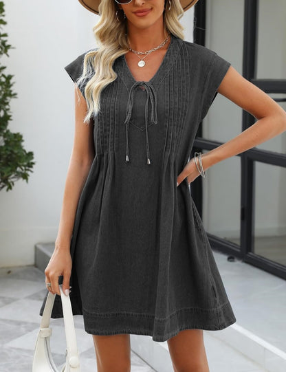 Women's V-neck Pleated Denim Dress with Pockets