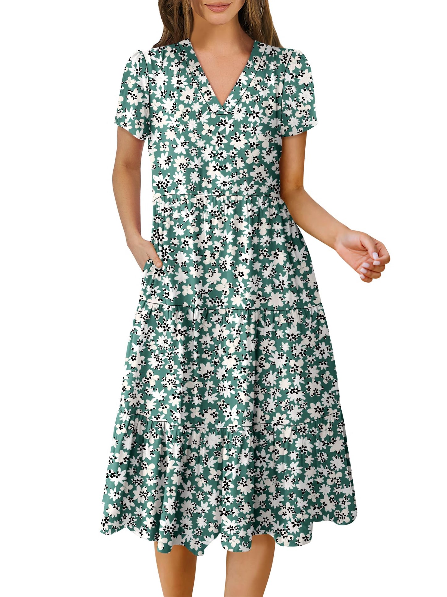 Women's Summer Casual Short Sleeve V Neck Tiered Midi Dress