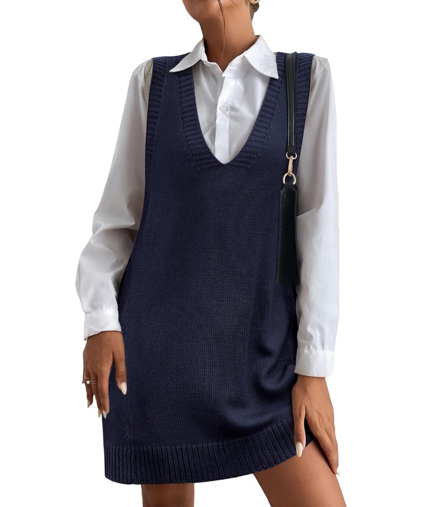 Women's V-Neck Sweater Vest Dress with Pockets
