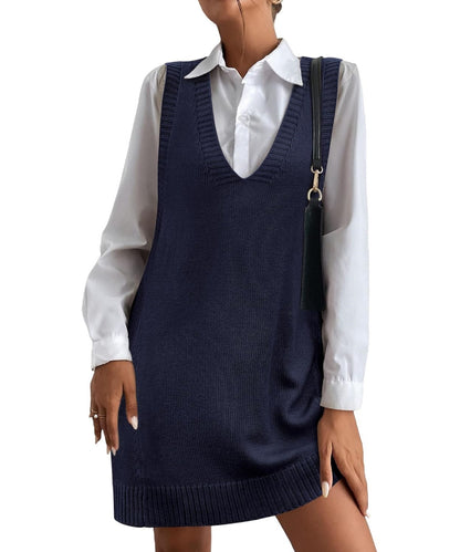 Women's V-Neck Sweater Vest Dress with Pockets