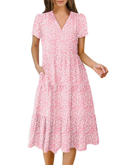 Women's Summer Casual Short Sleeve V Neck Tiered Midi Dress