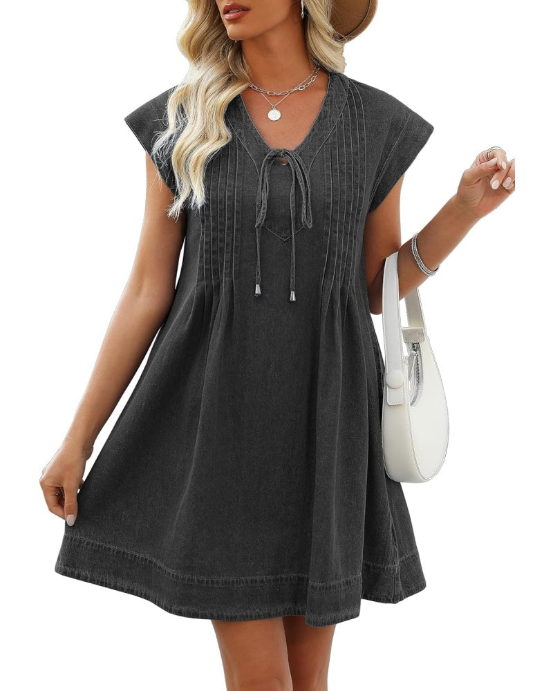 Women's V-neck Pleated Denim Dress with Pockets