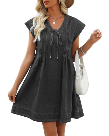 Women's V-neck Pleated Denim Dress with Pockets