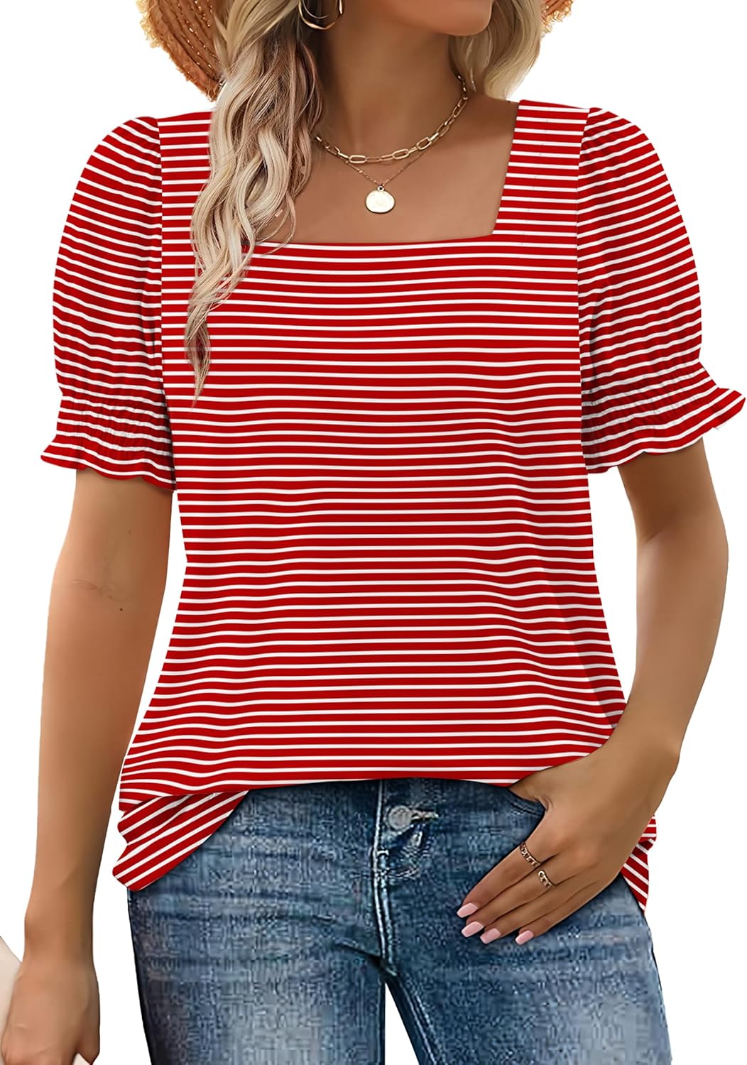 Women's Square Neck Smocked Sleeve Casual Tops