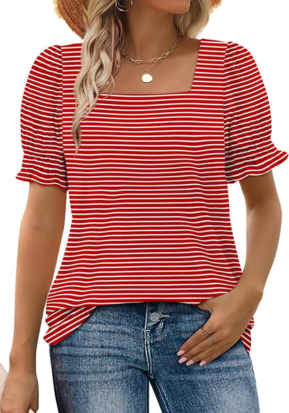 Women's Square Neck Smocked Sleeve Casual Tops
