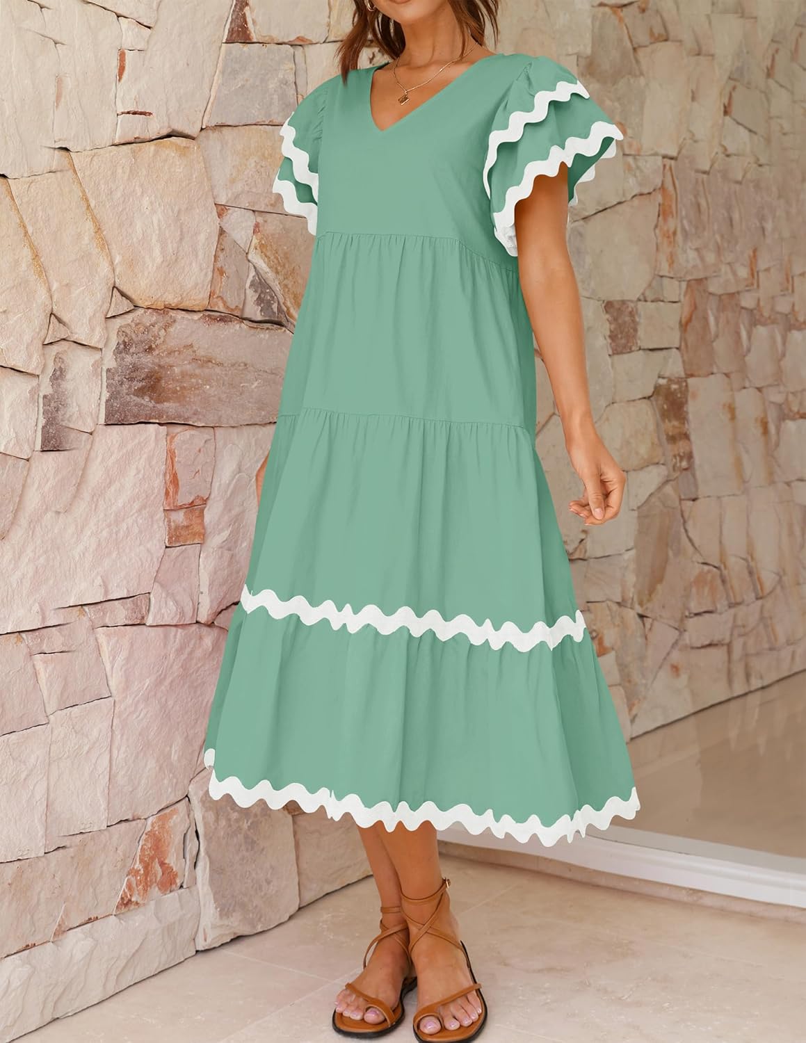 Women's V Neck Flutter Short Sleeve Tiered Long Dress