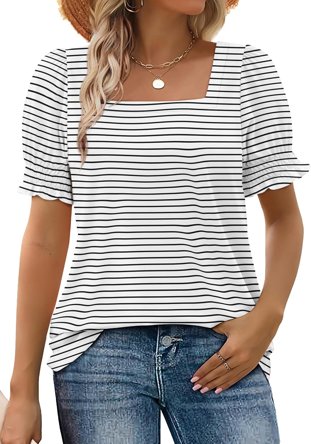 Women's Square Neck Smocked Sleeve Casual Tops