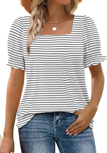 Women's Square Neck Smocked Sleeve Casual Tops