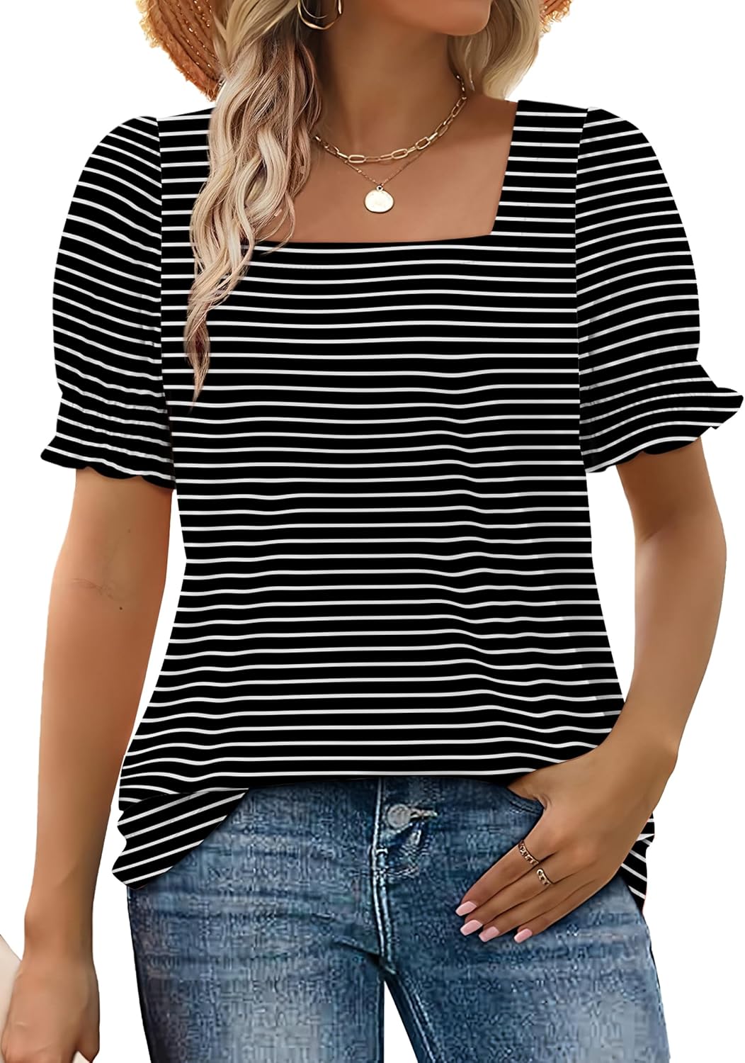 Women's Square Neck Smocked Sleeve Casual Tops