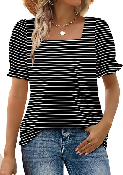 Women's Square Neck Smocked Sleeve Casual Tops