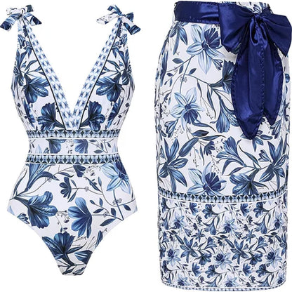 Adjustable Shoulder Floral Print One Piece Swimsuit with Skirt/Sarong