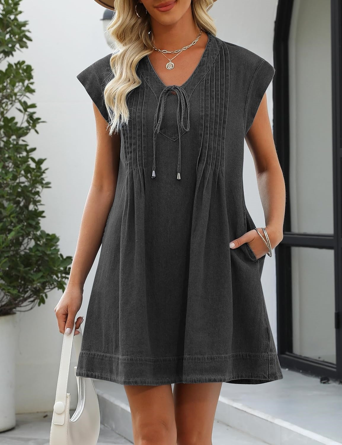 Women's V-neck Pleated Denim Dress with Pockets